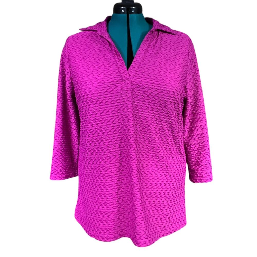 Lane Bryant Textured 3/4 Sleeve Collared Tunic Blouse Plus Size 14/16 Hot Pink